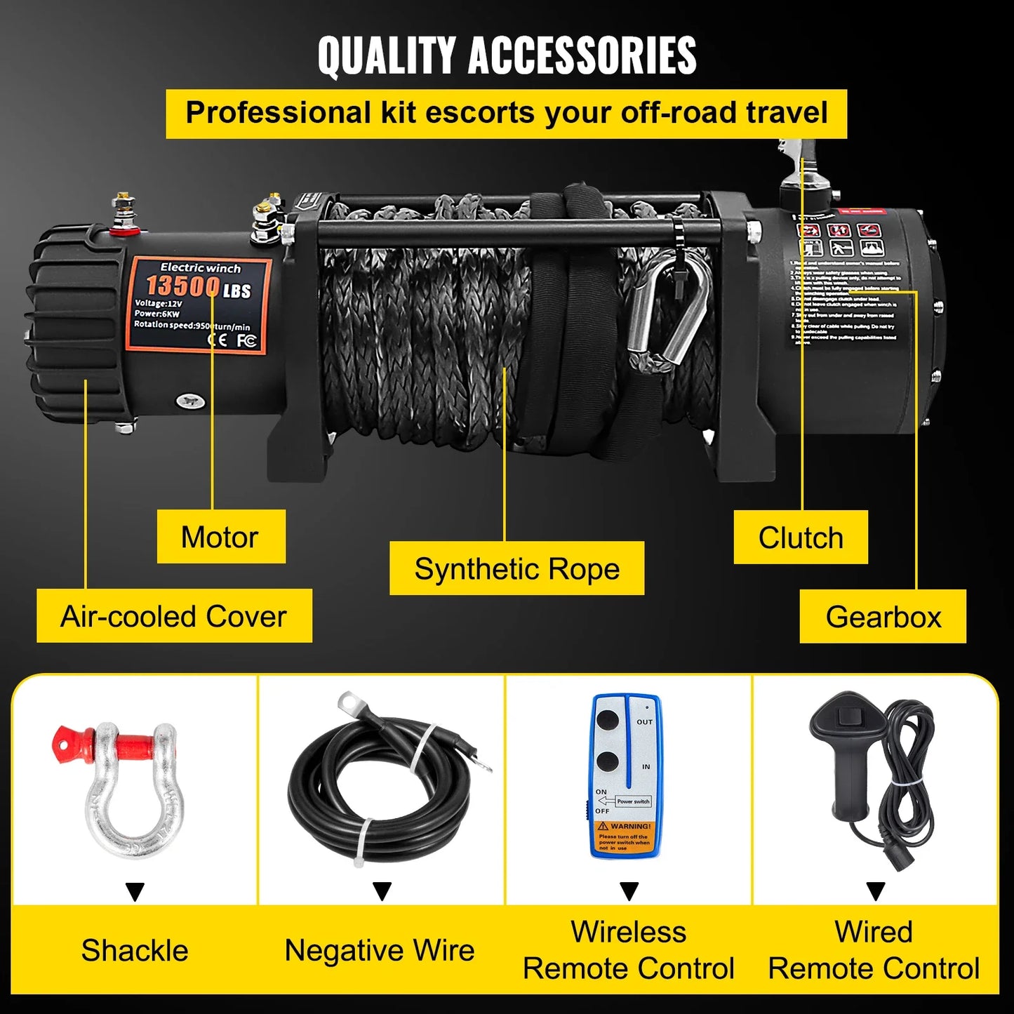 VEVOR 13500 Pounds Electric Winch 12V 27M Synthetic Rope Lifting Hoist for 4X4 Car Trailer ATV Truck Off Road Boat