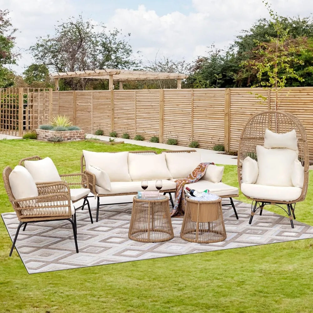 7 Piece Bohemian Style Outdoor Courtyard Sofa Set with Egg Chairs L Shaped Leisure Chairs and Beige Cushions