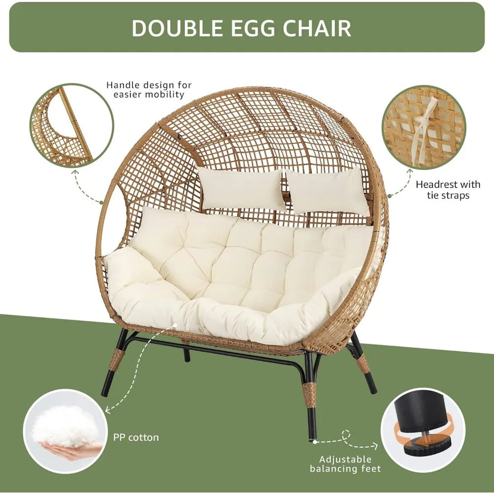 7 Pieces Beige Boho Outdoor Patio Furniture Set with Double Stationary Egg Chair and Small Wicker Conversation Sectional Sofa Set