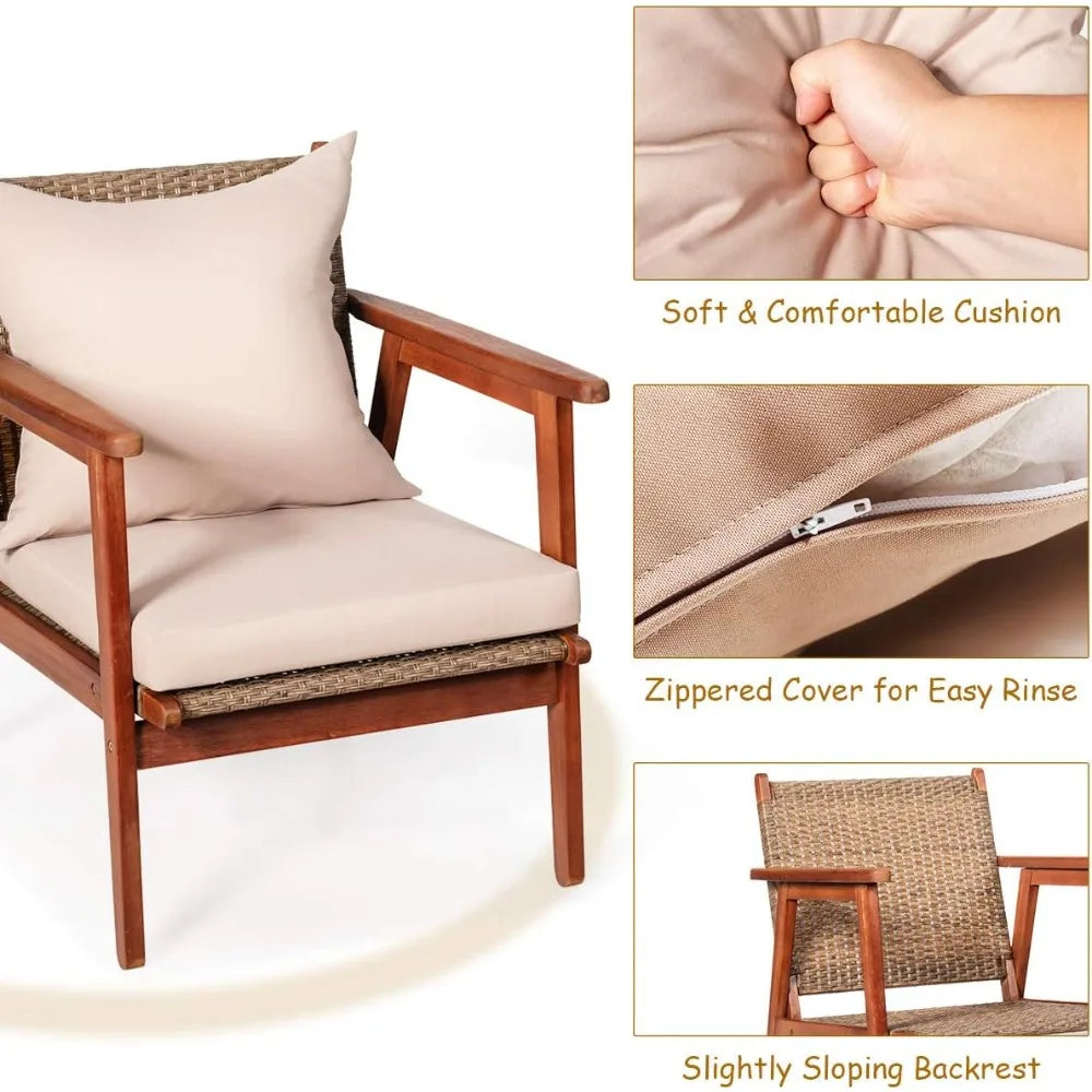 4 Piece Patio Wood Sofa Set With Cushions And Coffee Table