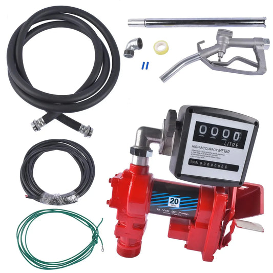 AP03 Red Fuel Transfer Pump 20GPM 12V for Gasoline Diesel with Oil Meter and Flange Elbow