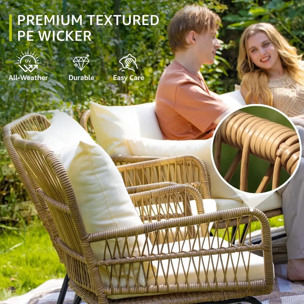 7 Pieces Beige Boho Outdoor Patio Furniture Set with Double Stationary Egg Chair and Small Wicker Conversation Sectional Sofa Set