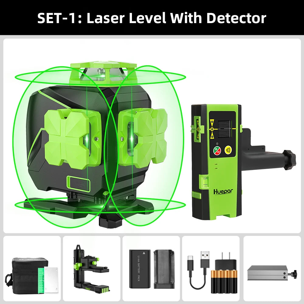 Huepar S04CG-LC 16 Lines Laser Level With Detector Tripod 4D Self Leveling Green Laser Leveling Tool