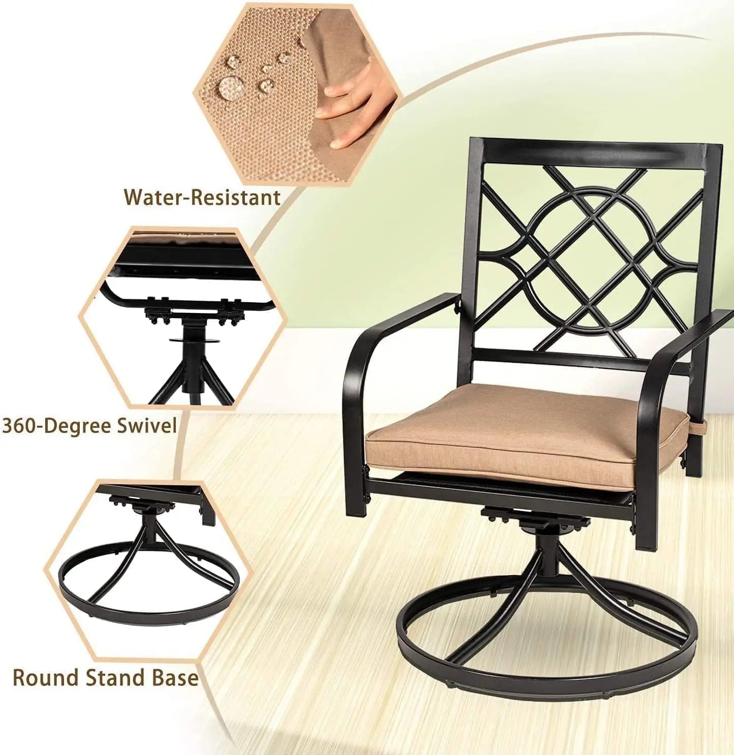 5 Piece Metal Outdoor Patio Furniture Dining Set with Brown Umbrella 4 Swivel Chairs and Square Table