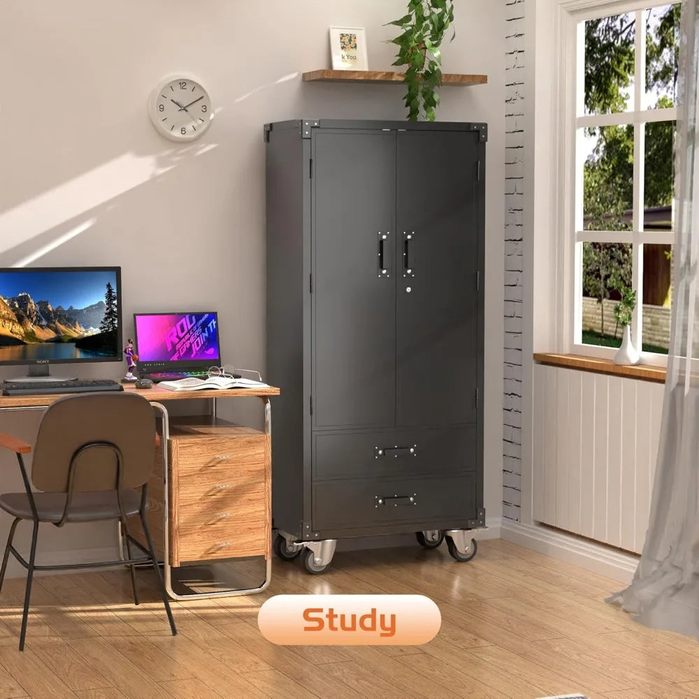 Metal Storage Cabinet With 2 Drawers Garage Tool On Wheels