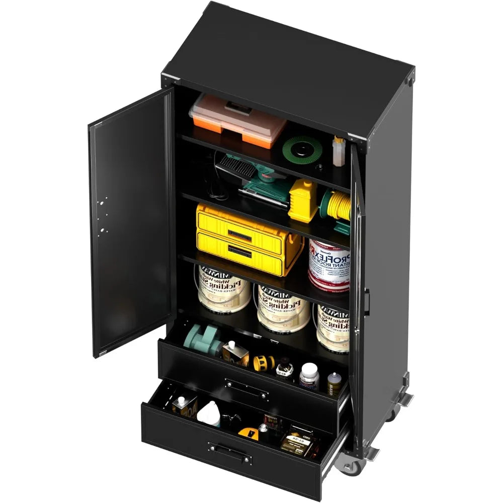 Metal Storage Cabinet With 2 Drawers Garage Tool On Wheels