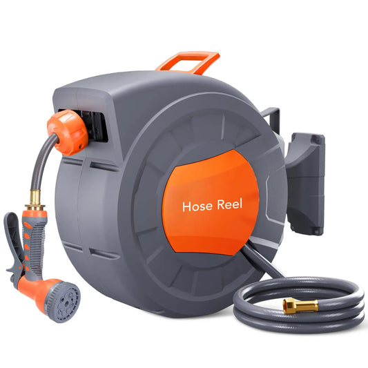 Garden Retractable Hose Reel With Nine Function Sprayer 180 Degree Swivel Auto Rewind Durable Outdoor Watering System
