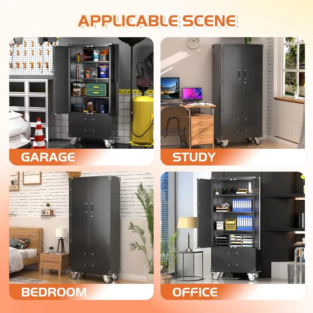 Metal Storage Cabinet With 2 Drawers Garage Tool On Wheels