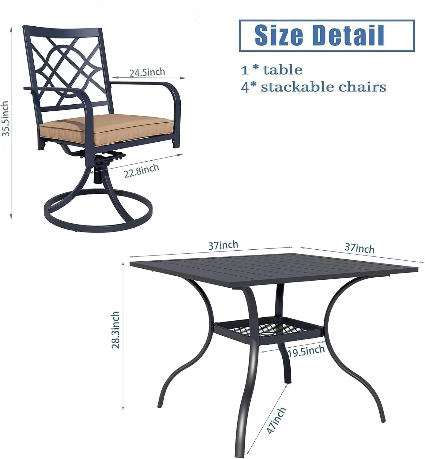 5 Piece Metal Outdoor Patio Furniture Dining Set with Brown Umbrella 4 Swivel Chairs and Square Table