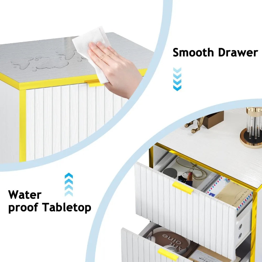 White And Gold 18 Inch Nightstand With 2 Fluted Drawers