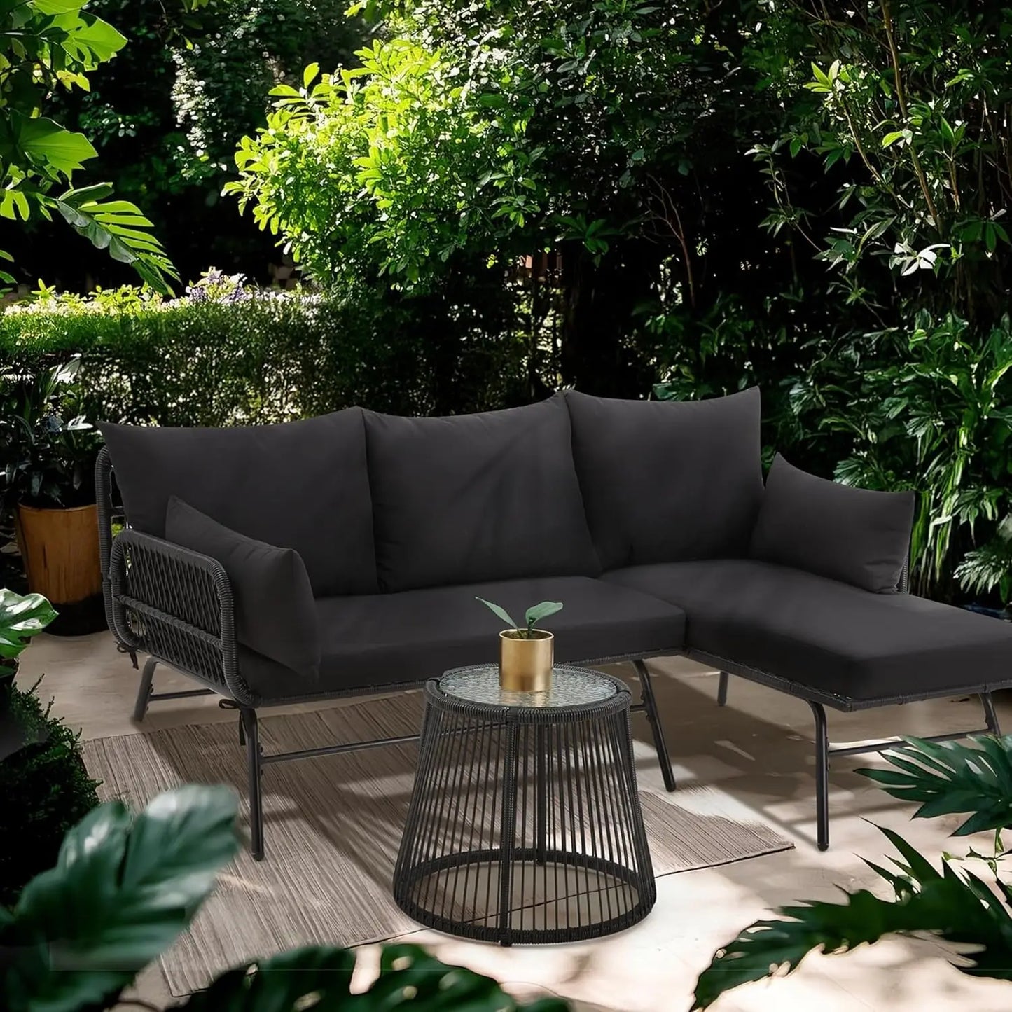 Three Piece Patio Set L Shaped Rattan Sectional Sofa