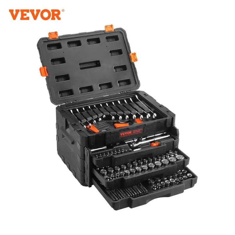 VEVOR Mechanics Tool Set and Socket Set 450 Pcs 1/4 Inch 3/8 Inch 1/2 Inch Drive Deep and Standard Sockets SAE and Metric Mechanic Tool Kit
