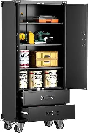 Metal Storage Cabinet With 2 Drawers Garage Tool On Wheels