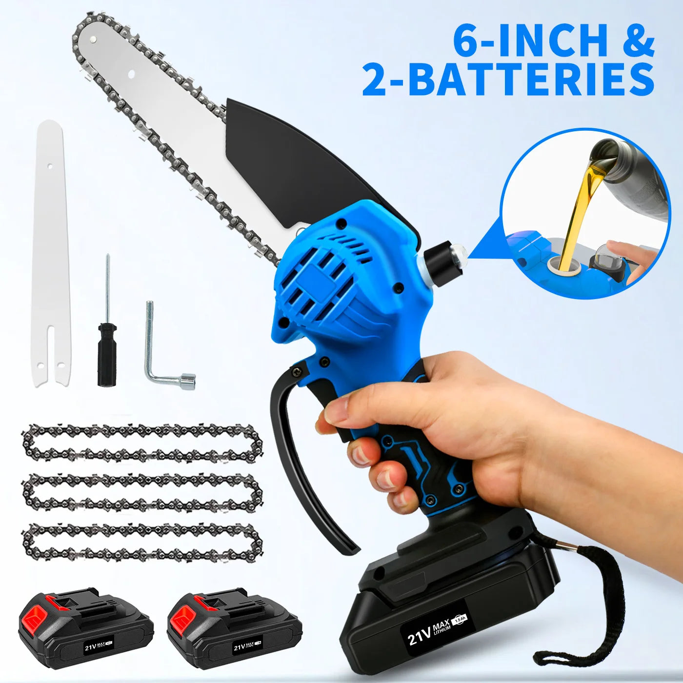 Handheld 8 Inch Cordless Chainsaw With 2 Batteries