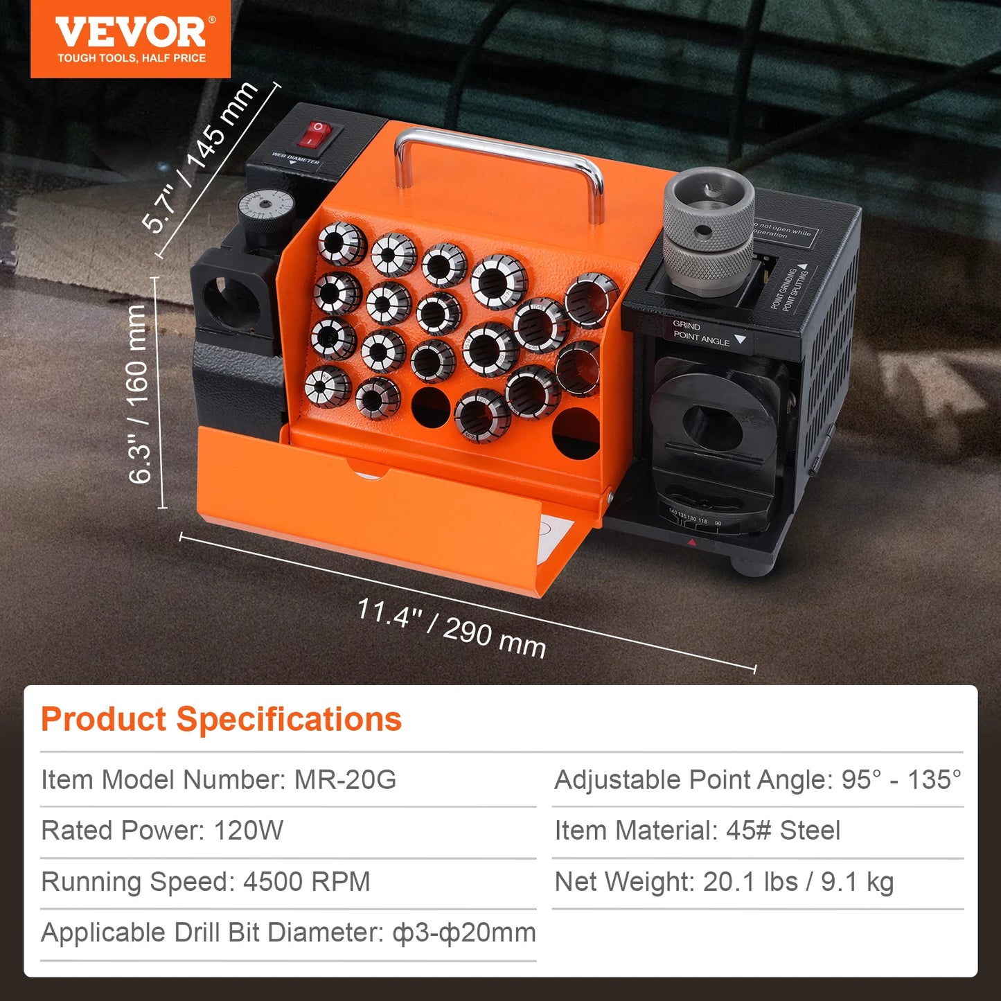 VEVOR Drill Bits Sharpener MR-13A MR-13B MR-20G Portable Mill Grinder with 18/11 Collets for Factory Workshop