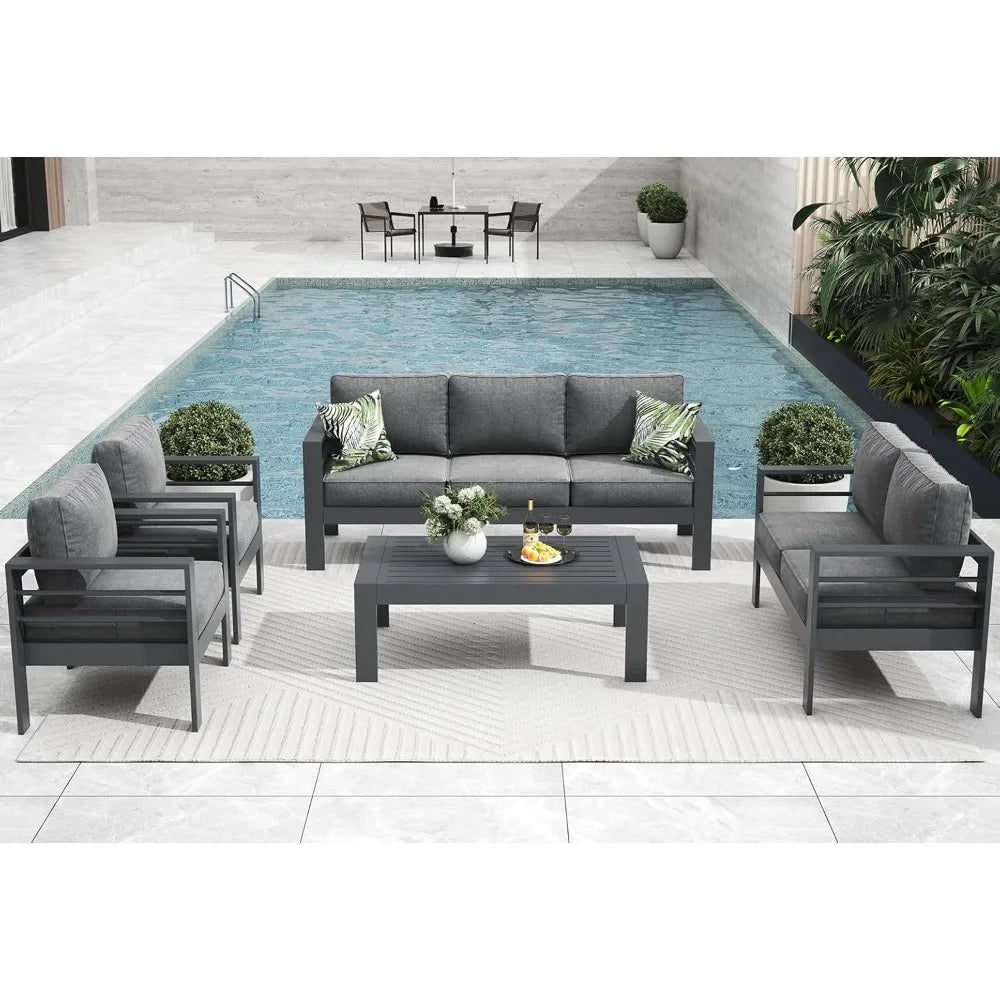 5 Pieces Modern Aluminum Patio Furniture Set Conversation Sets Metal Sectional Sofa with Coffee Table Garden Furniture Sets