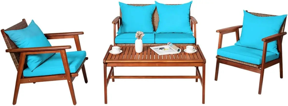 4 Piece Patio Wood Sofa Set With Cushions And Coffee Table