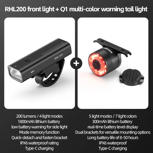 Rockbros Waterproof Type C Rechargeable Bicycle Headlight 200M Range With Tail Light Cycling Accessory