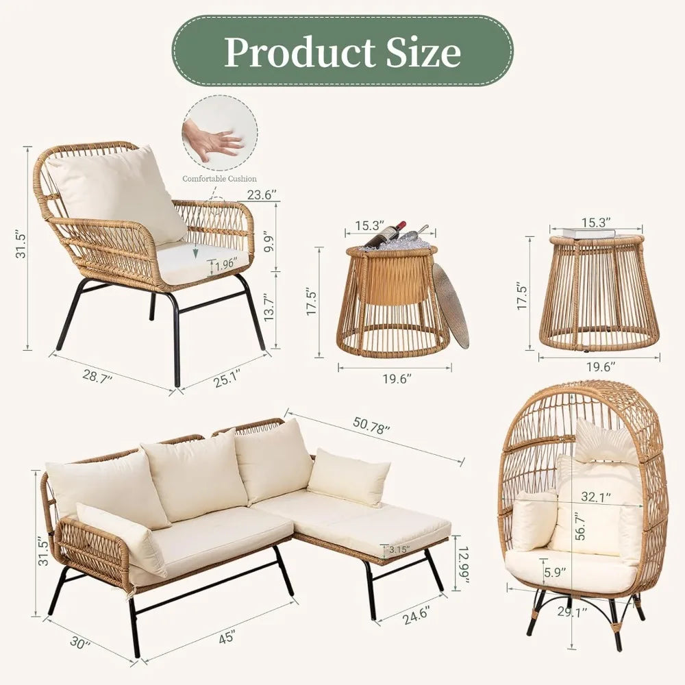 7 Piece Bohemian Style Outdoor Courtyard Sofa Set with Egg Chairs L Shaped Leisure Chairs and Beige Cushions
