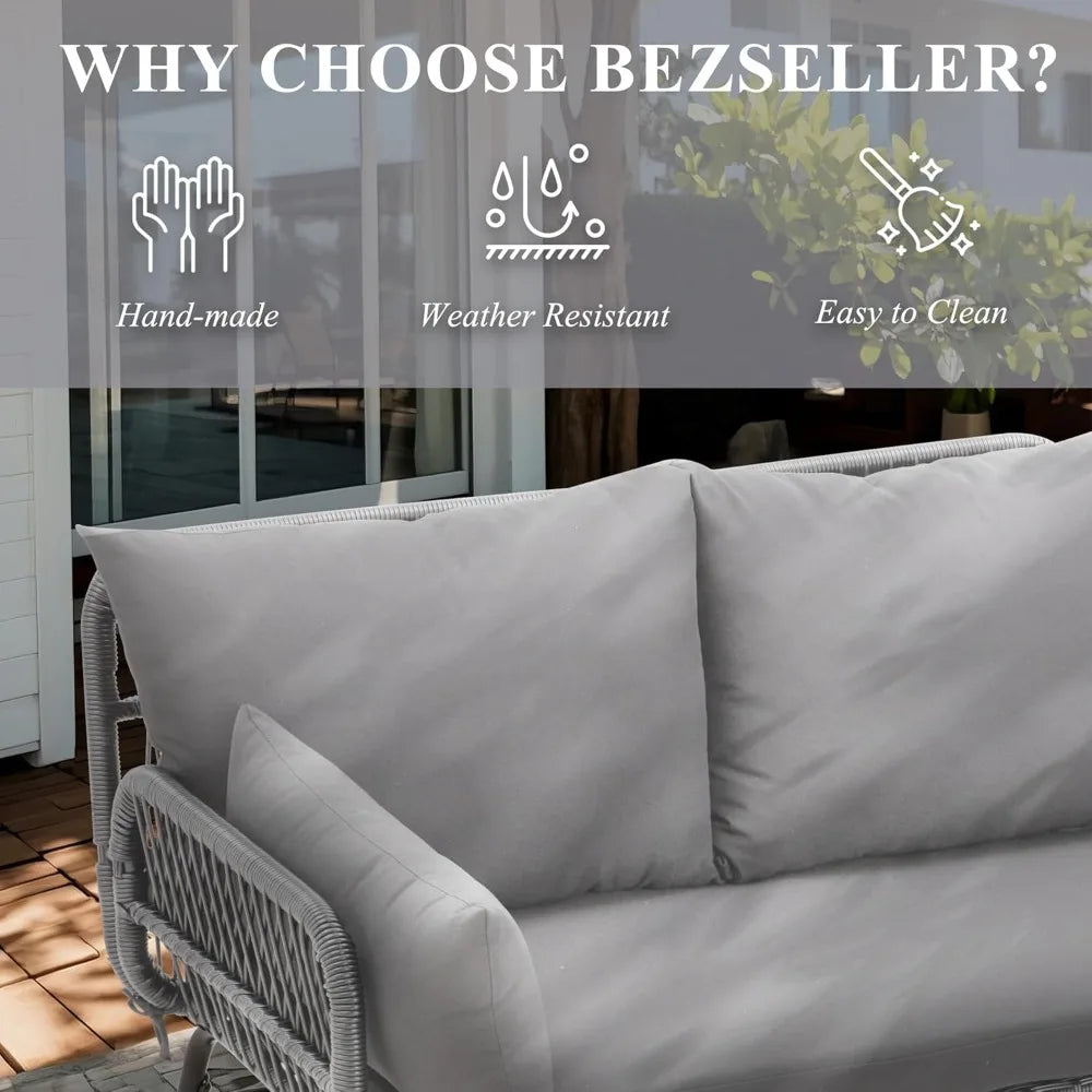 Three Piece Patio Set L Shaped Rattan Sectional Sofa