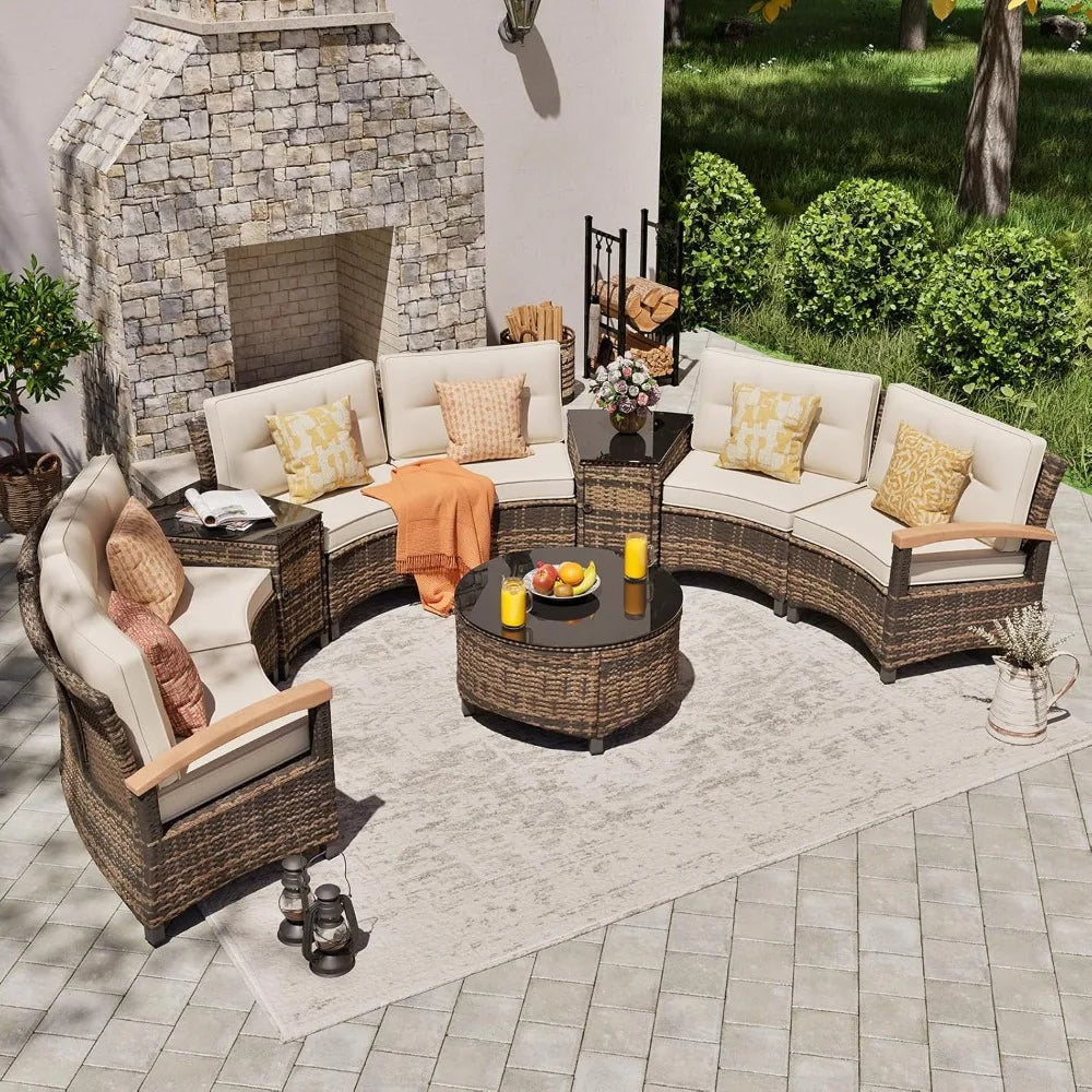 9 Piece Half Moon Outdoor Patio Rattan Sofa And Coffee Table