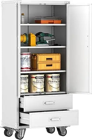 Metal Storage Cabinet With 2 Drawers Garage Tool On Wheels