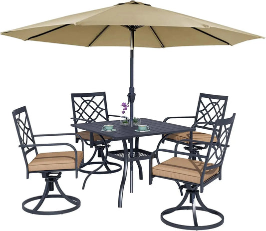 5 Piece Metal Outdoor Patio Furniture Dining Set with Brown Umbrella 4 Swivel Chairs and Square Table