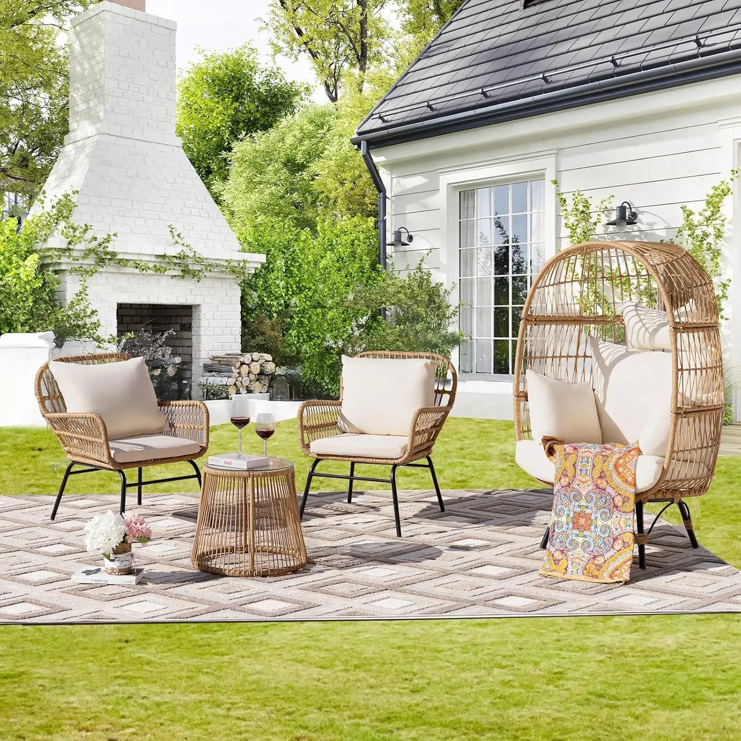 7 Piece Bohemian Style Outdoor Courtyard Sofa Set with Egg Chairs L Shaped Leisure Chairs and Beige Cushions