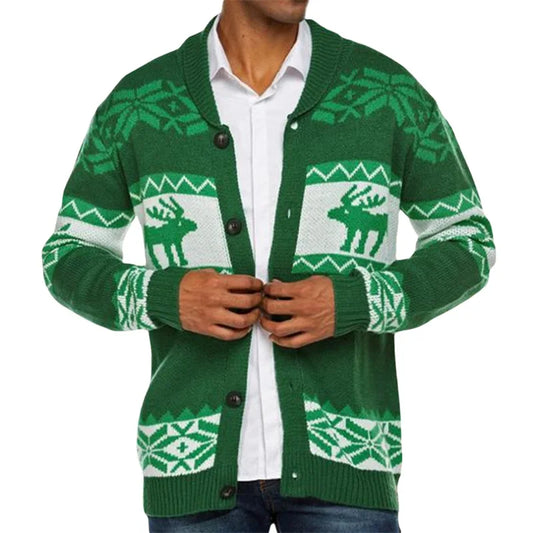 Men's Christmas Cardigan Casual Long Sleeve Shawl Collar Reindeer Snowflake Print Sweater
