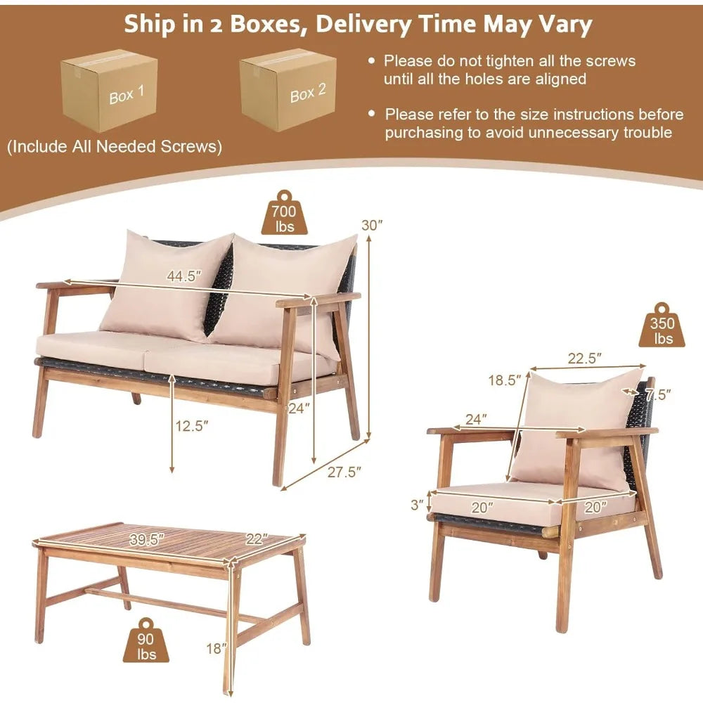 4 Piece Patio Set Acacia Wood Cushions And Coffee Table