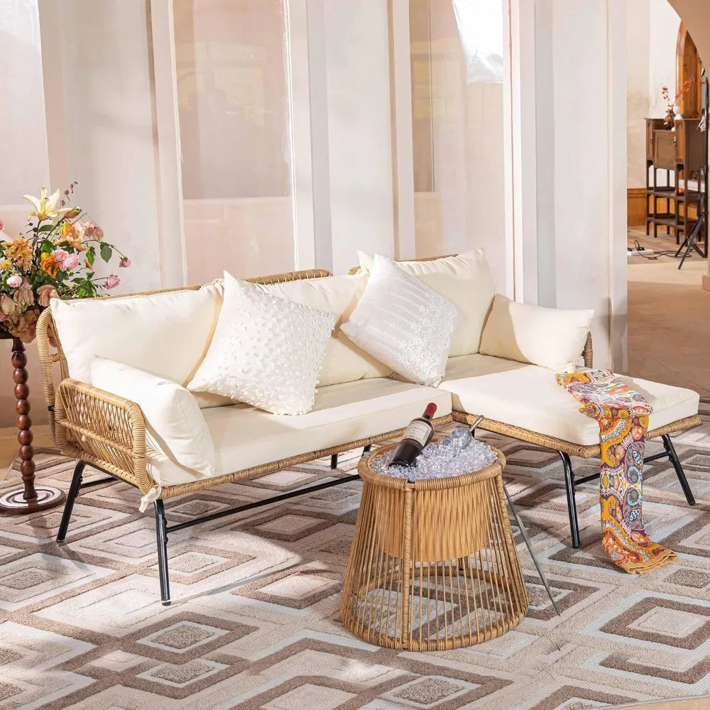 7 Piece Bohemian Style Outdoor Courtyard Sofa Set with Egg Chairs L Shaped Leisure Chairs and Beige Cushions