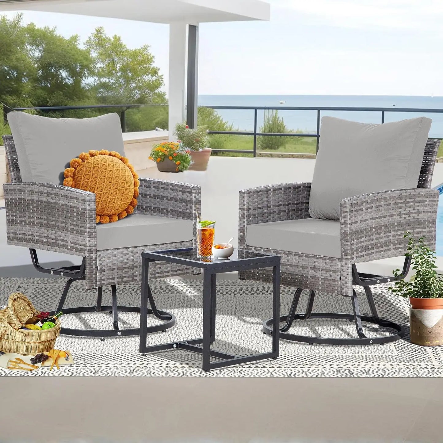 3 Piece Swivel Outdoor Patio Furniture Set With Glass Table