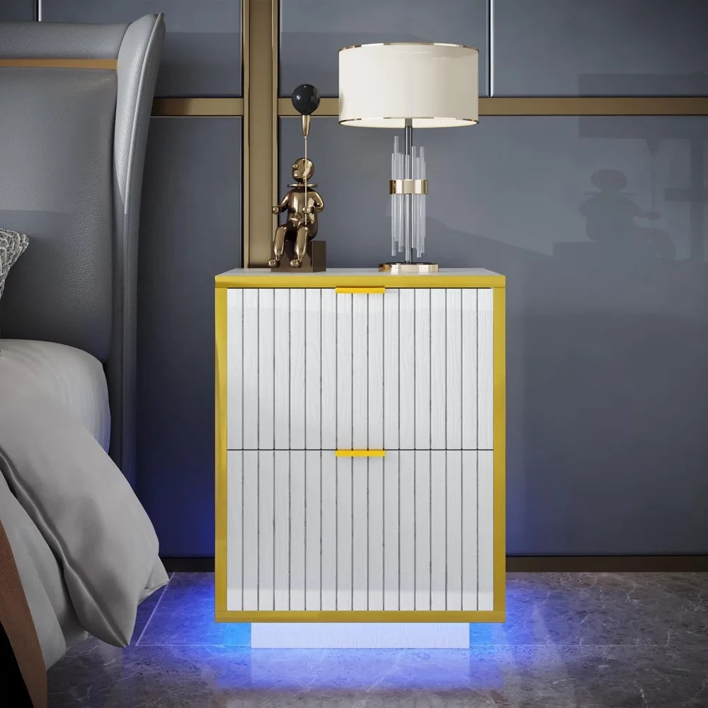 White And Gold 18 Inch Nightstand With 2 Fluted Drawers