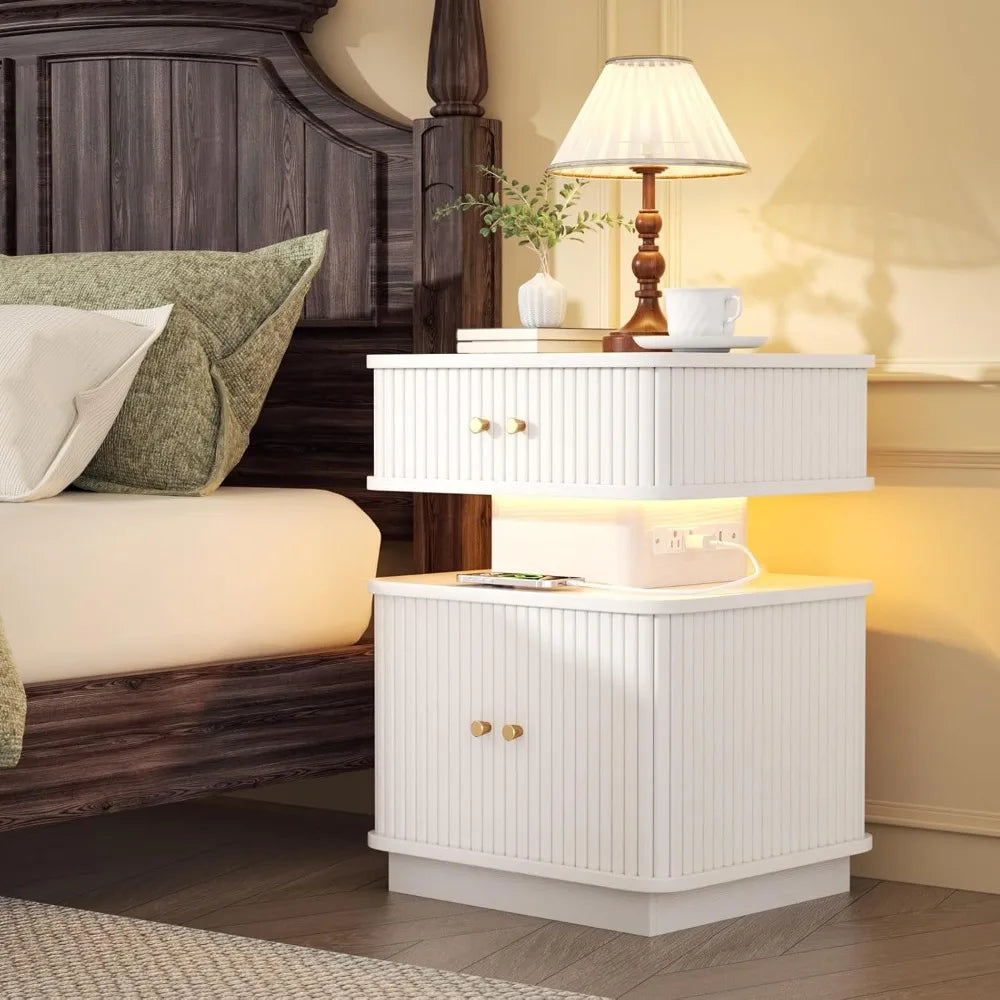 Night Stand Set 2 LED Nightstands With Charging Station
