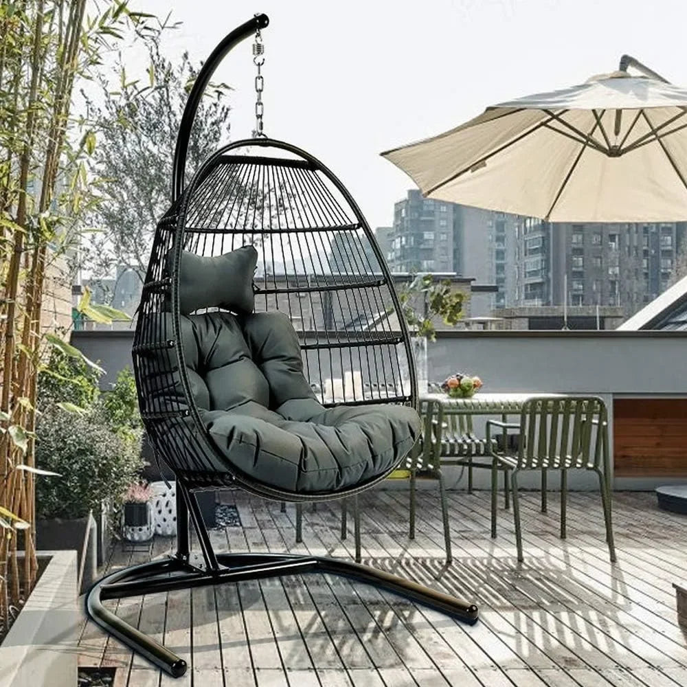 Swing Chair With Stand Foldable Rattan Wicker Egg Hammock Chair Cushion And Pillow For Patio Garden Outdoor