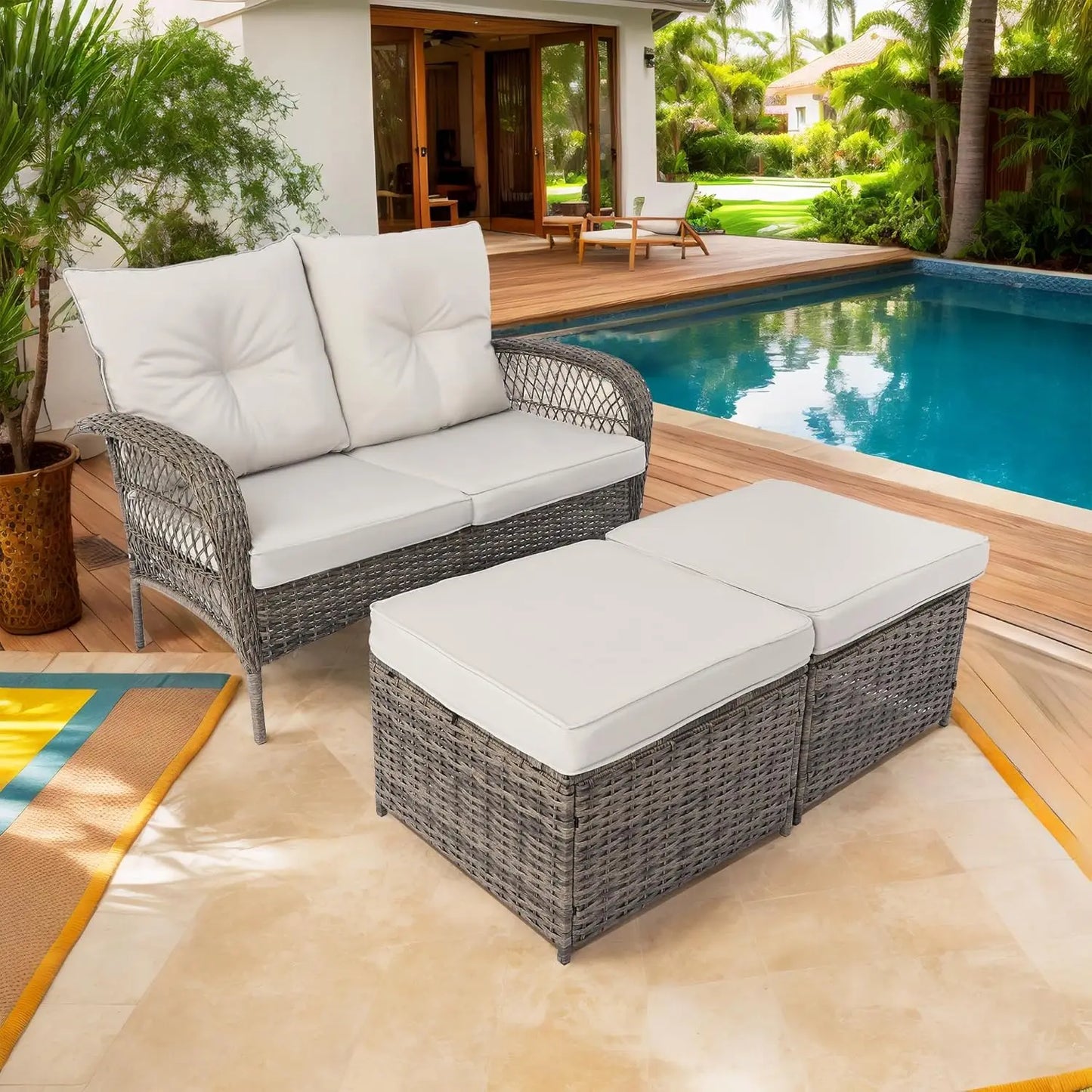 Outdoor Wicker Patio Set 3Pc Swivel Chairs With Loveseat