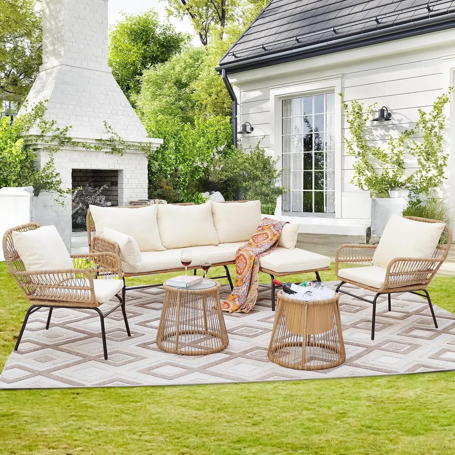 7 Piece Bohemian Style Outdoor Courtyard Sofa Set with Egg Chairs L Shaped Leisure Chairs and Beige Cushions