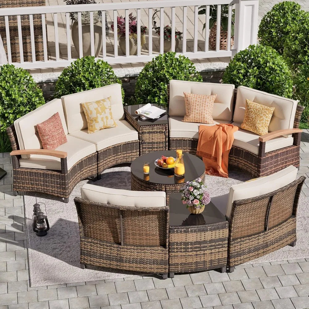 9 Piece Half Moon Outdoor Patio Rattan Sofa And Coffee Table