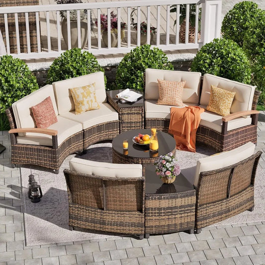 9 Piece Half Moon Outdoor Patio Rattan Sofa And Coffee Table