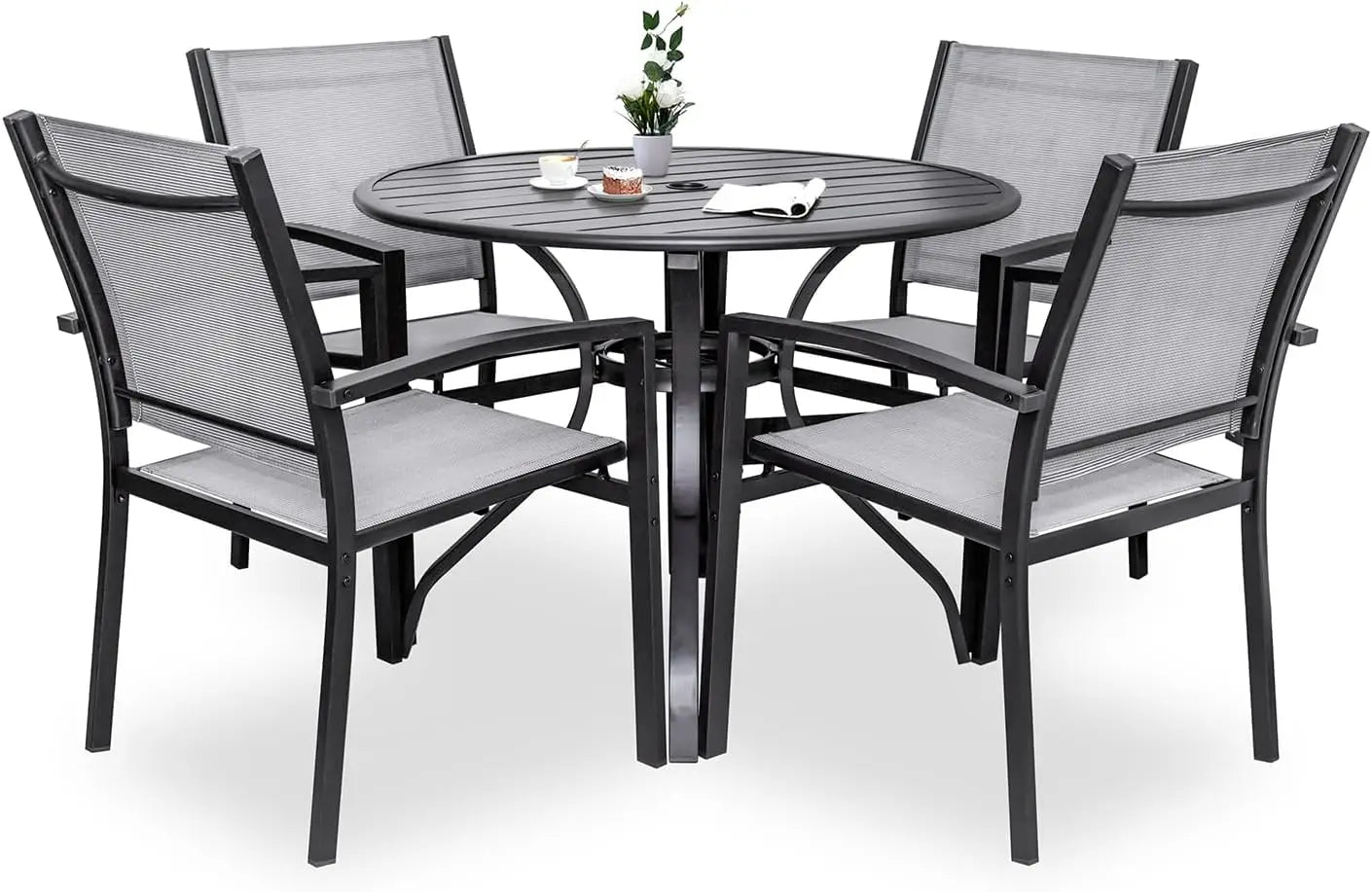5 Piece Patio Dining Set Outdoor Furniture 4 Textilene Chairs and 1 Round 38 Inch Metal Slatted Table with 1.5 Inch Umbrella Hole