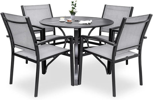 5 Piece Patio Dining Set Outdoor Furniture 4 Textilene Chairs and 1 Round 38 Inch Metal Slatted Table with 1.5 Inch Umbrella Hole