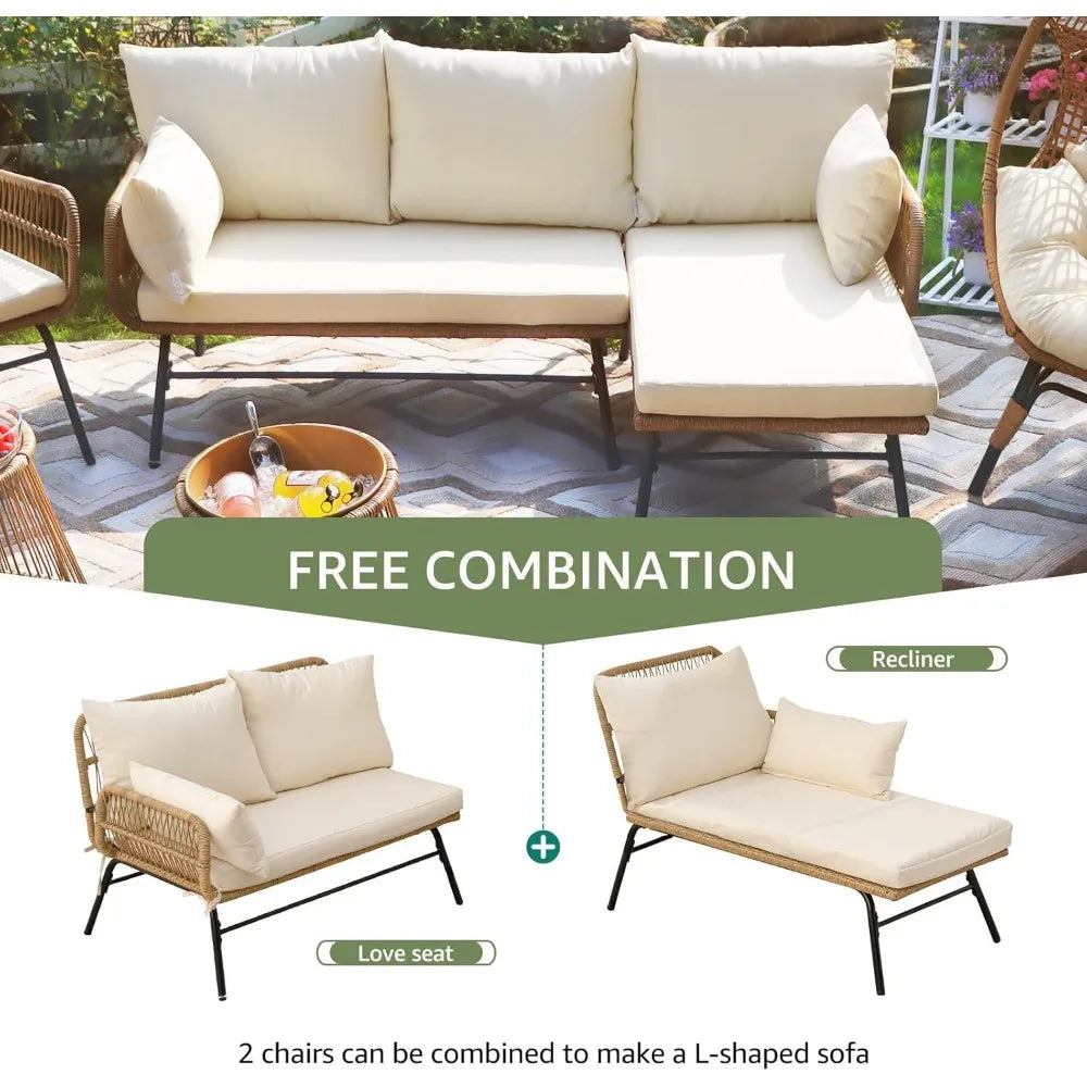 7 Pieces Beige Boho Outdoor Patio Furniture Set with Double Stationary Egg Chair and Small Wicker Conversation Sectional Sofa Set