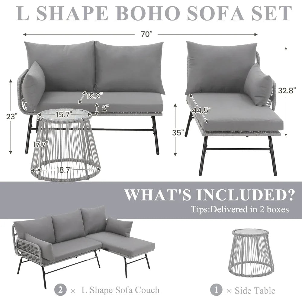 Three Piece Patio Set L Shaped Rattan Sectional Sofa