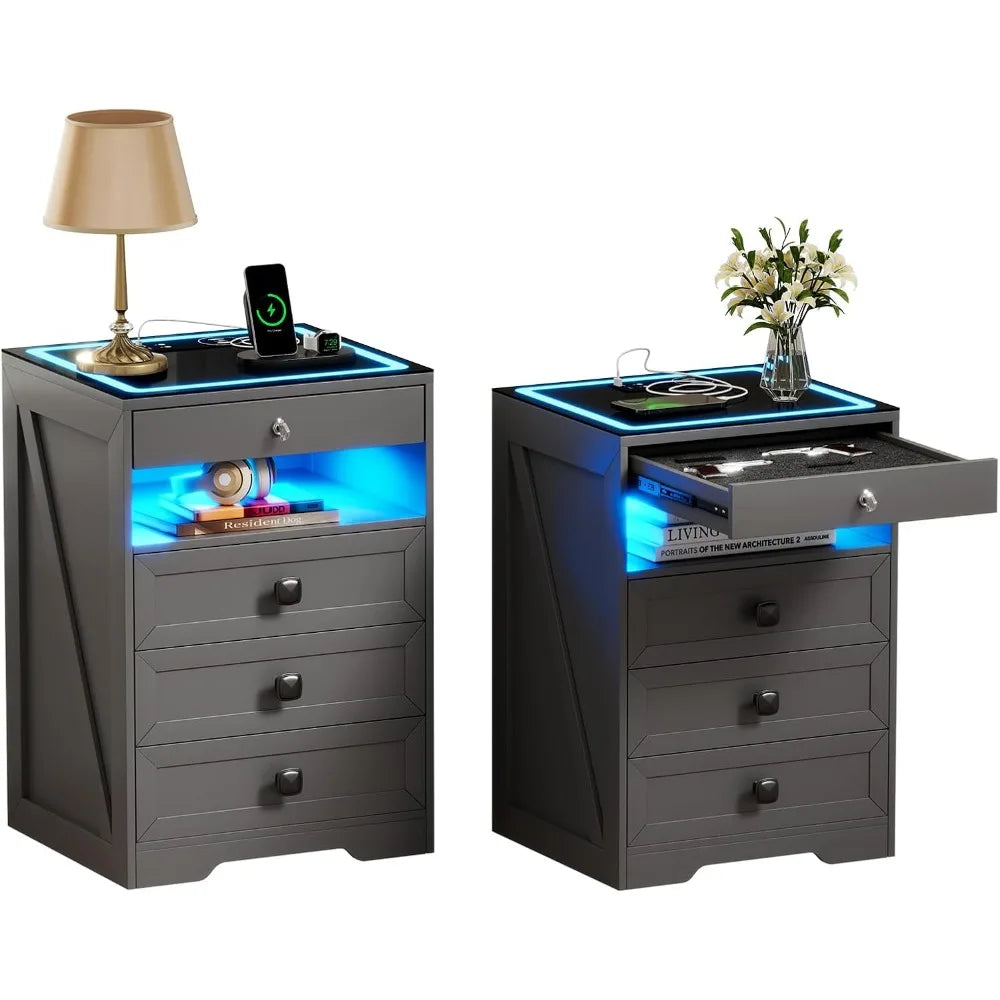 Night Stand Set 2 With Gun Drawer And Wireless Charging
