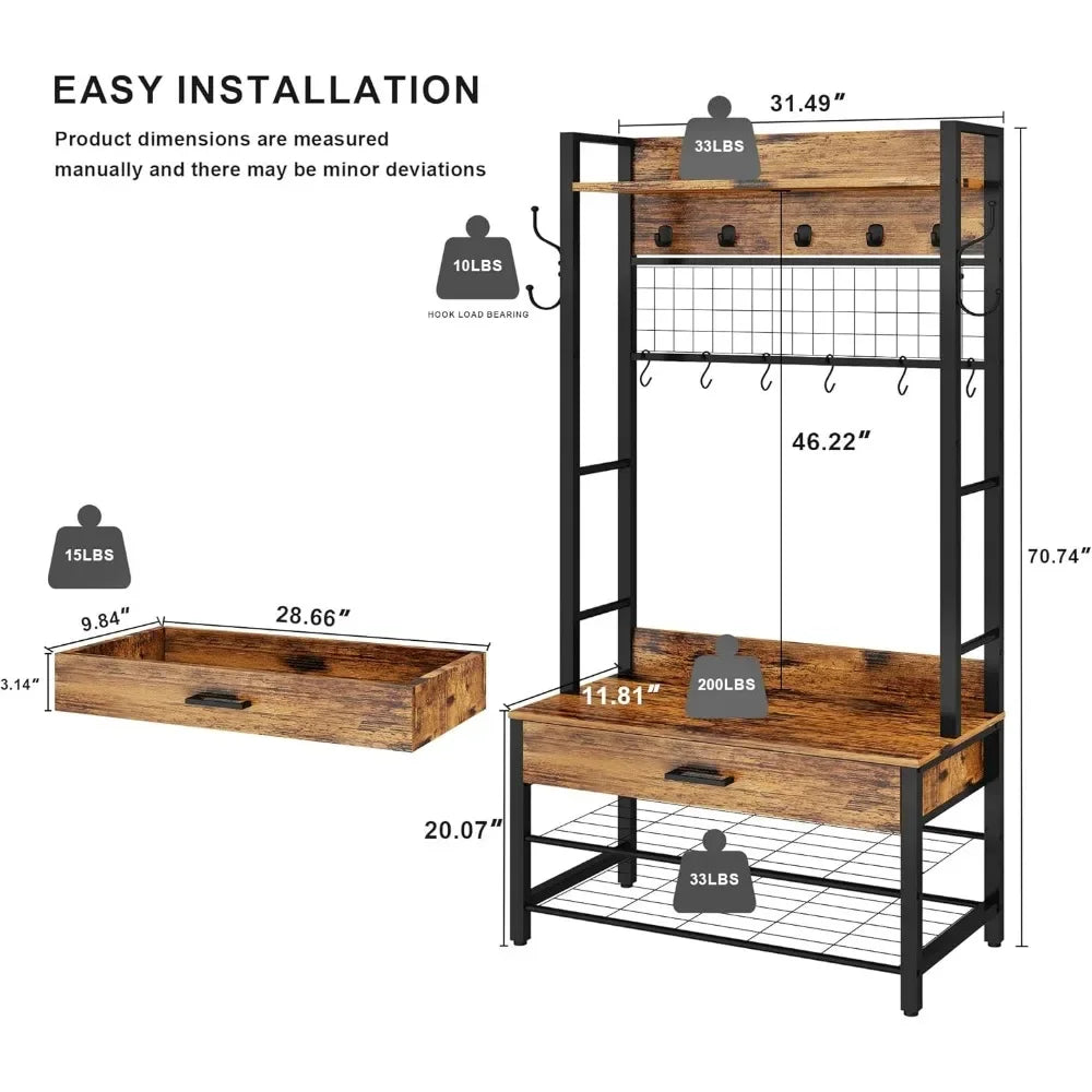 Industrial Entryway Coat Rack With Drawer And 12 Hooks