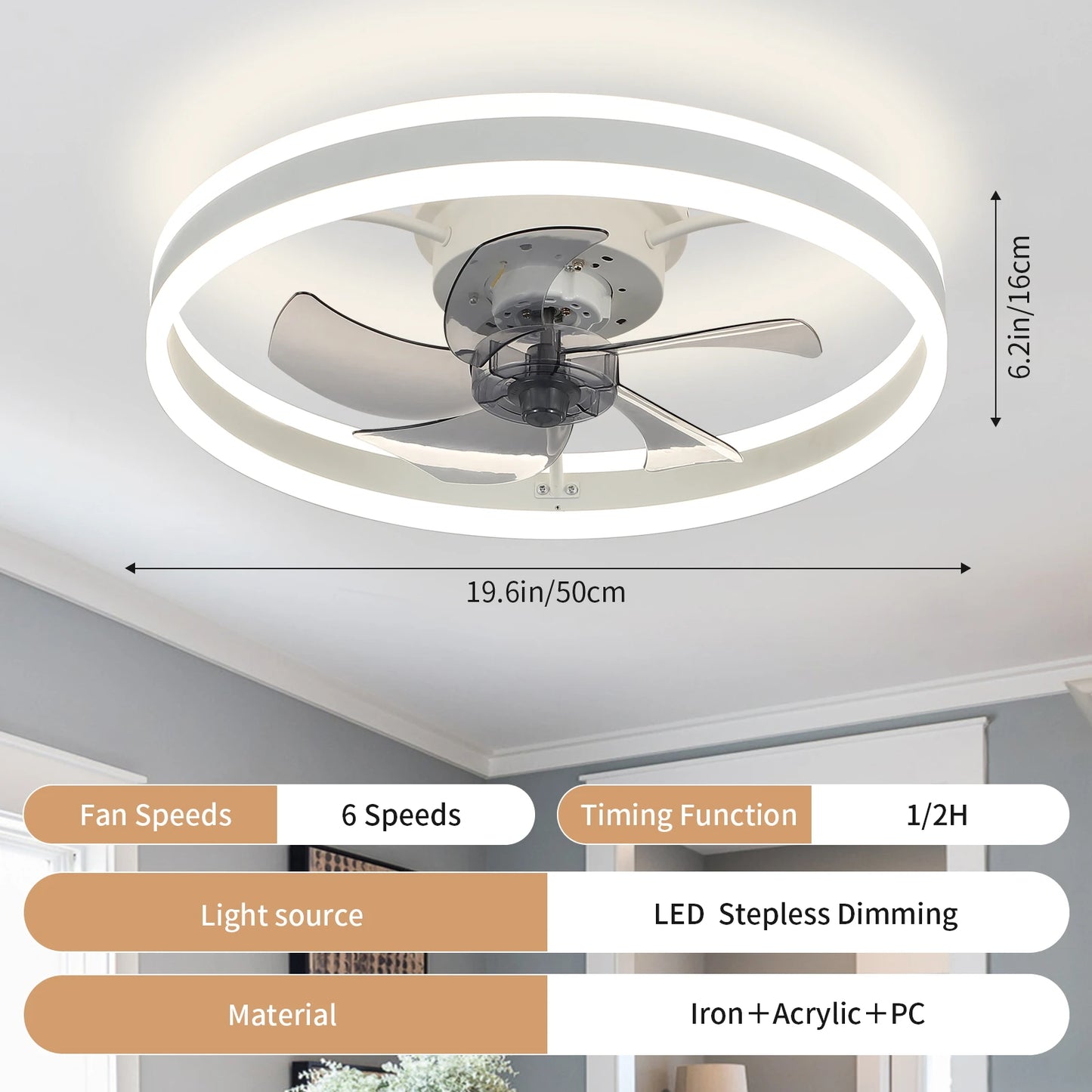 Modern Low Profile Ceiling Fans With Up And Down Light-emitting Led 20 Inch Flush Mount Fandeliers With Remote