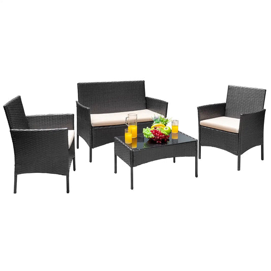 4 Pieces Patio Furniture Set Rattan Outdoor Wicker Sofa Garden Conversation Set with Soft Cushions and Glass Table