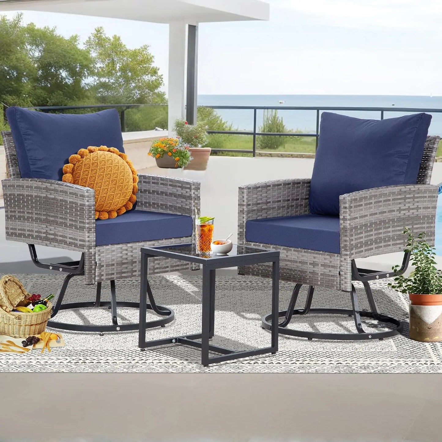 3 Piece Swivel Outdoor Patio Furniture Set With Glass Table