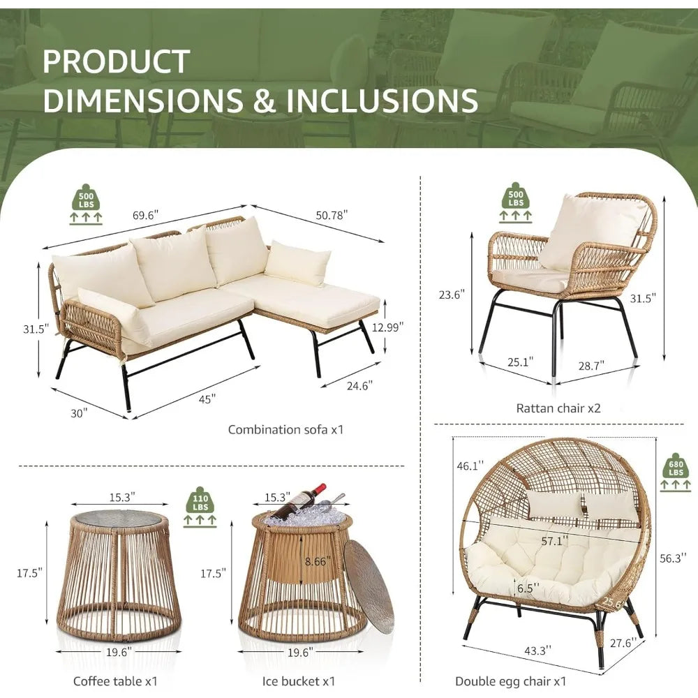 7 Pieces Beige Boho Outdoor Patio Furniture Set with Double Stationary Egg Chair and Small Wicker Conversation Sectional Sofa Set