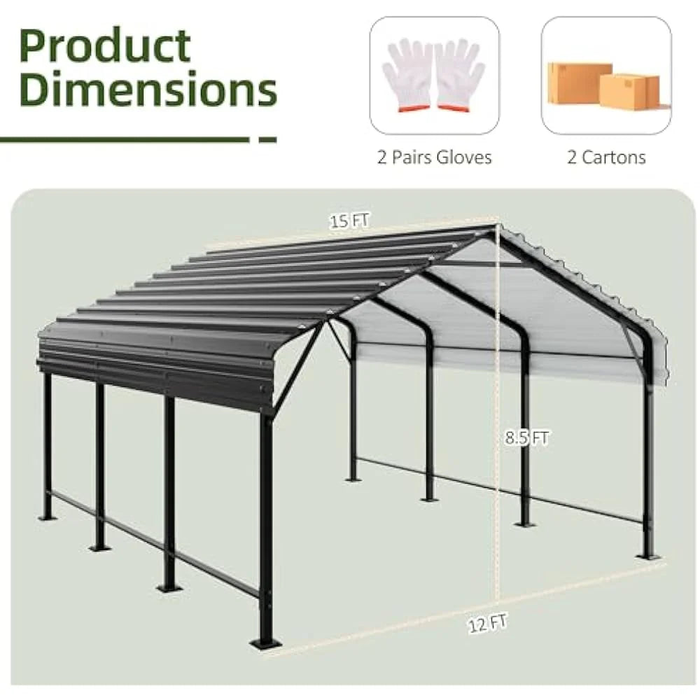 12X15 FT Heavy Duty Carport Canopy with Galvanized Steel Roof and Frame Extra Large Metal Garage